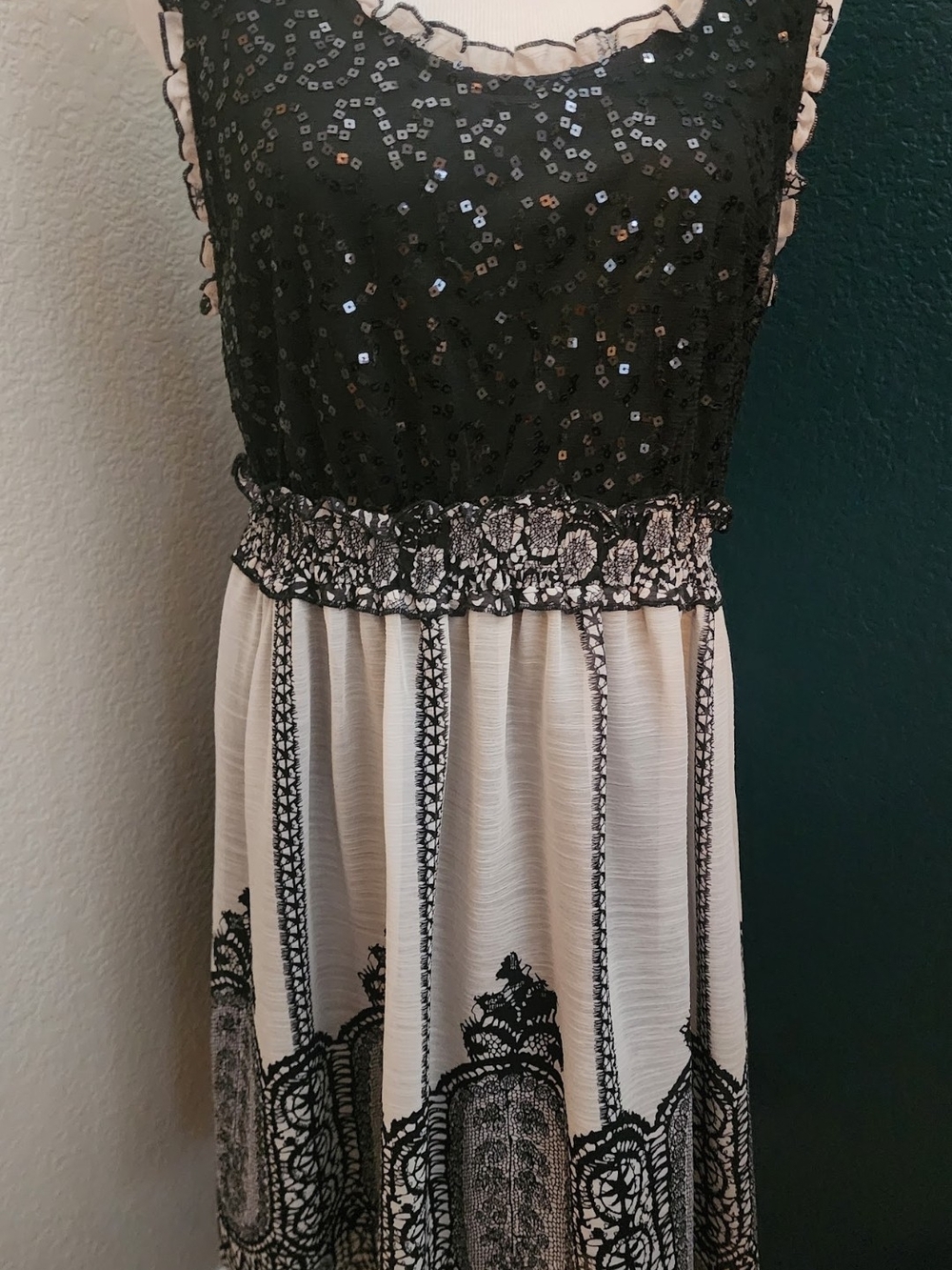 American Rag Black and Cream Strapless Lace-Print Dress